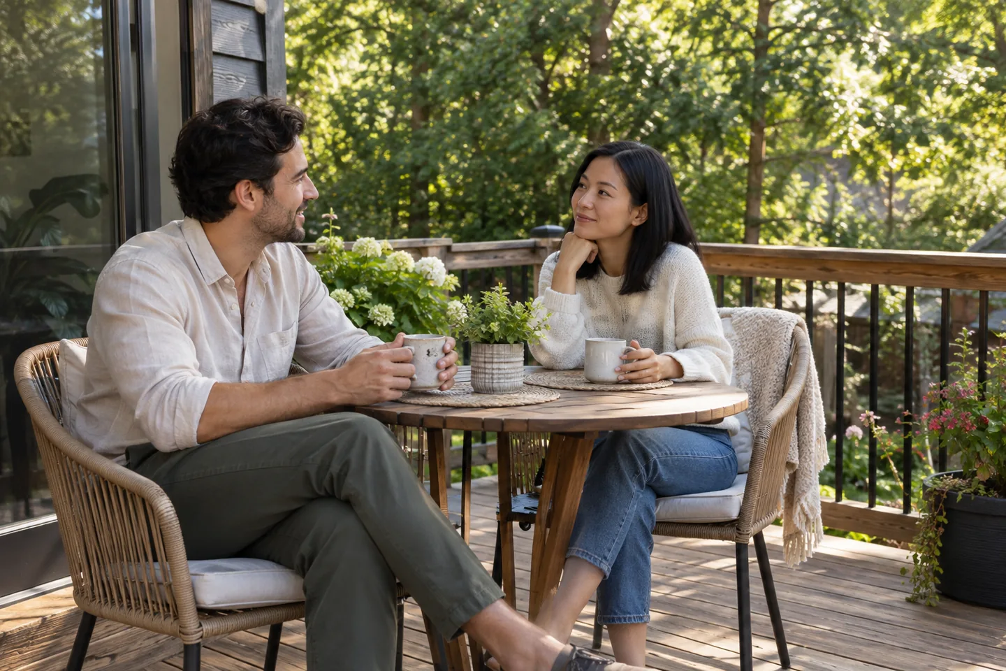 Two adults sharing coffee at an outdoor table on a leafy wooden deck