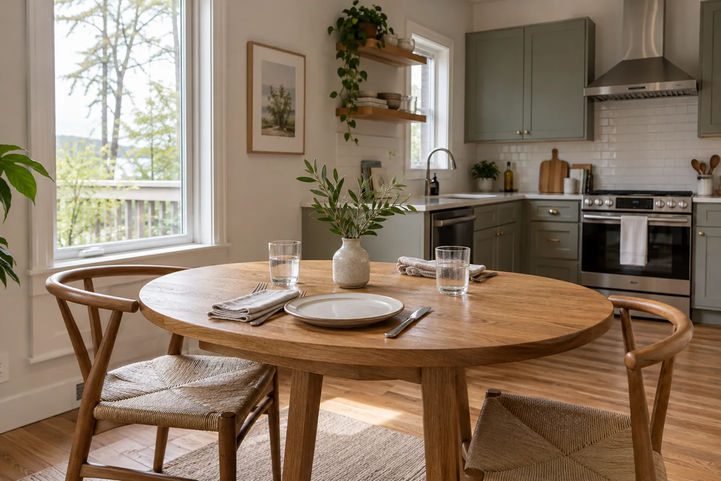 Oak dining table with a simple place setting beside a vacation rental kitchen