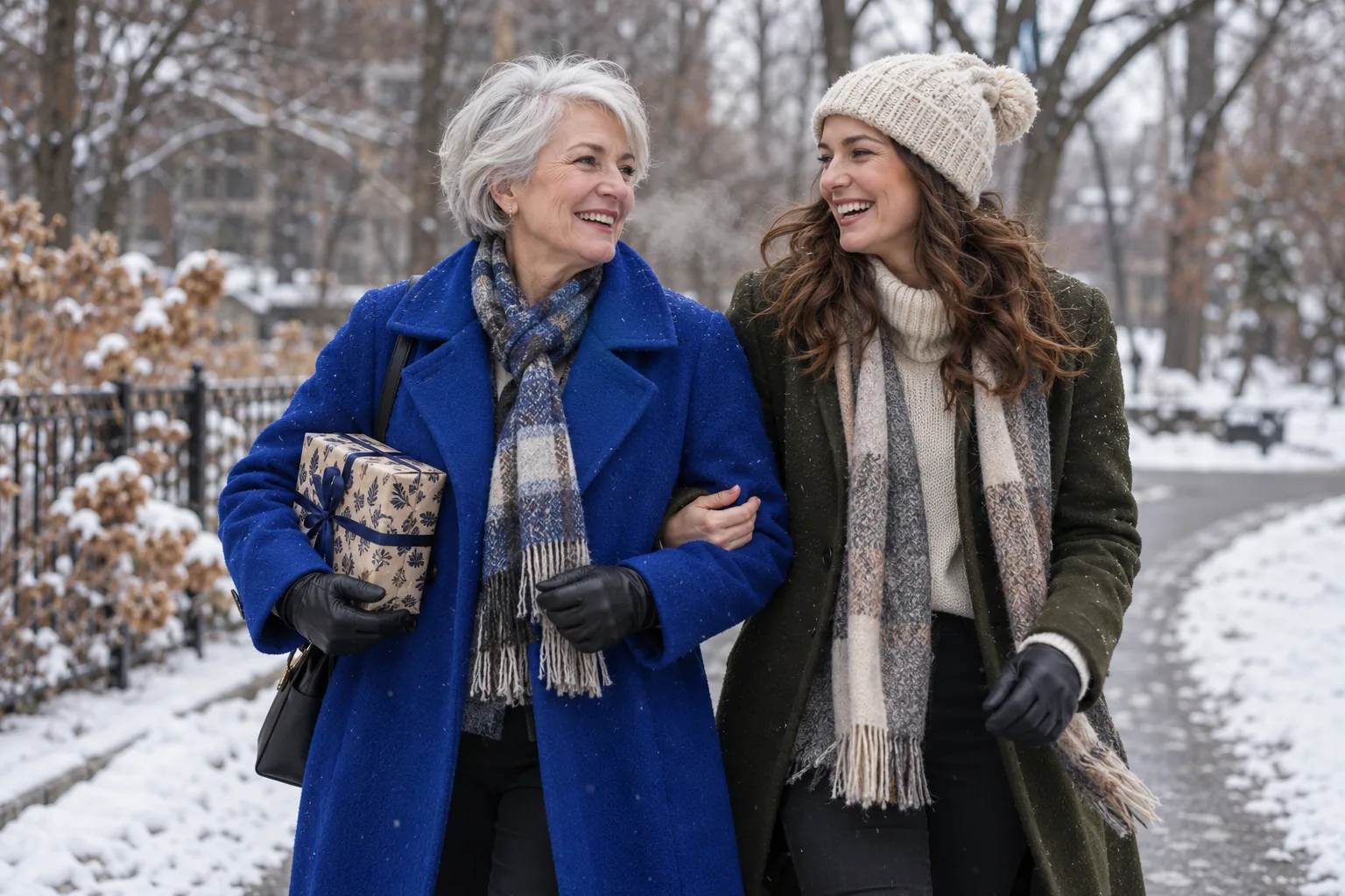 Winter birthday photoshoot of a mother and adult daughter walking in a Toronto park